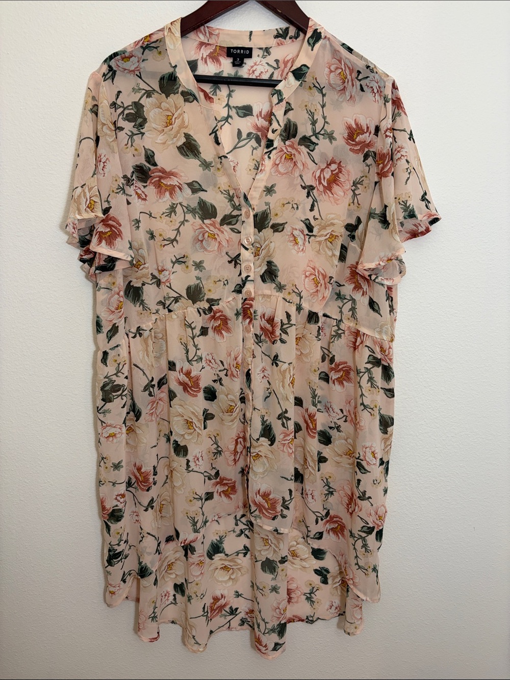 Torrid Blush Sheer Floral High Low Button Shirt
